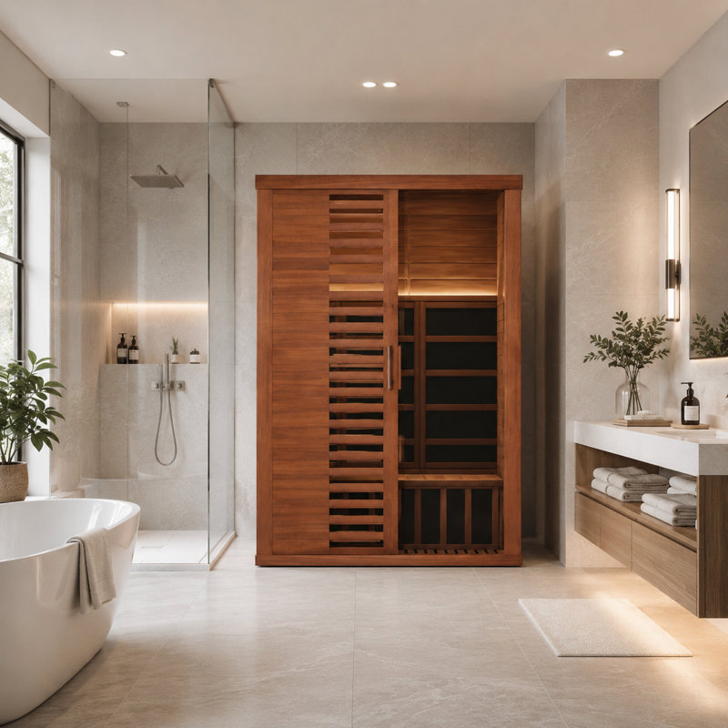 2-Person Far Infrared Indoor Sauna Room with Tempered Glass Door, Solid Hemlock Wood Home Sauna Cabin