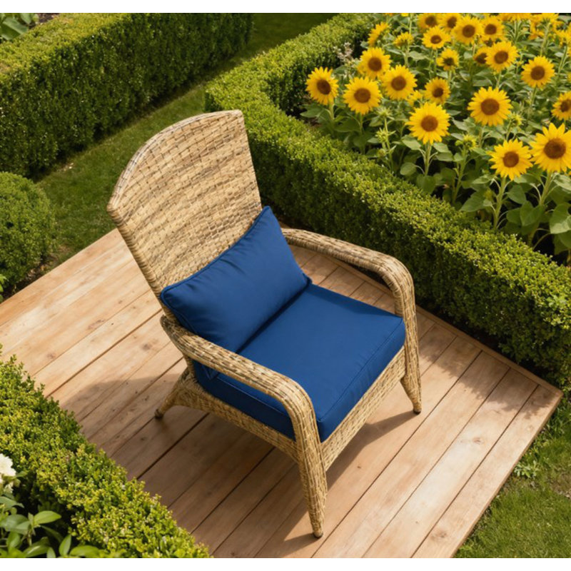 Comfortable Rattan Wicker Patio Chair with Tall Curved Backrest and Soft Cushions for Indoor and Outdoor Use, Dark Blue