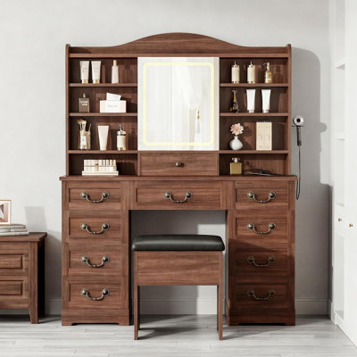 Vanity Desk with Mirror and Lights, Makeup Vanity Table with Stool, Vanity Desk with 10 Drawers and 8 Storage Shelves, Adjustable LED Light Makeup Des