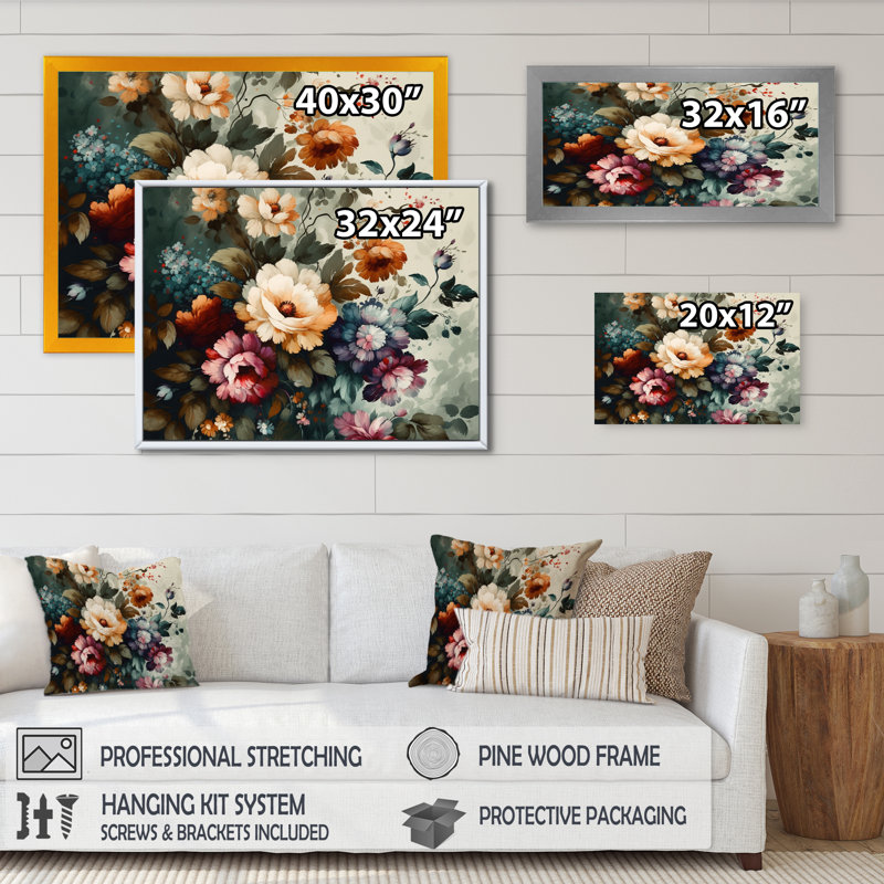Blooming Vintage Flowers III - Art sur toile florale, H 12 po x l 20 po x P 1 po, Cadre flottant doré
