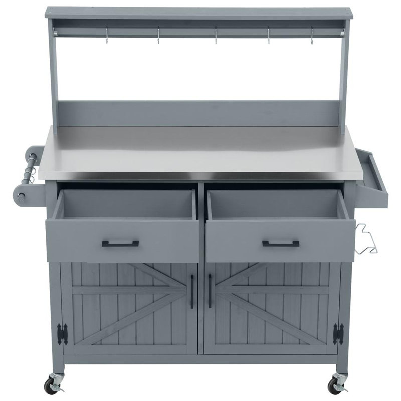 Îlot de cuisine extérieur avec tablette haute et armoire de rangement, chariot de barbecue avec roulettes verrouillables