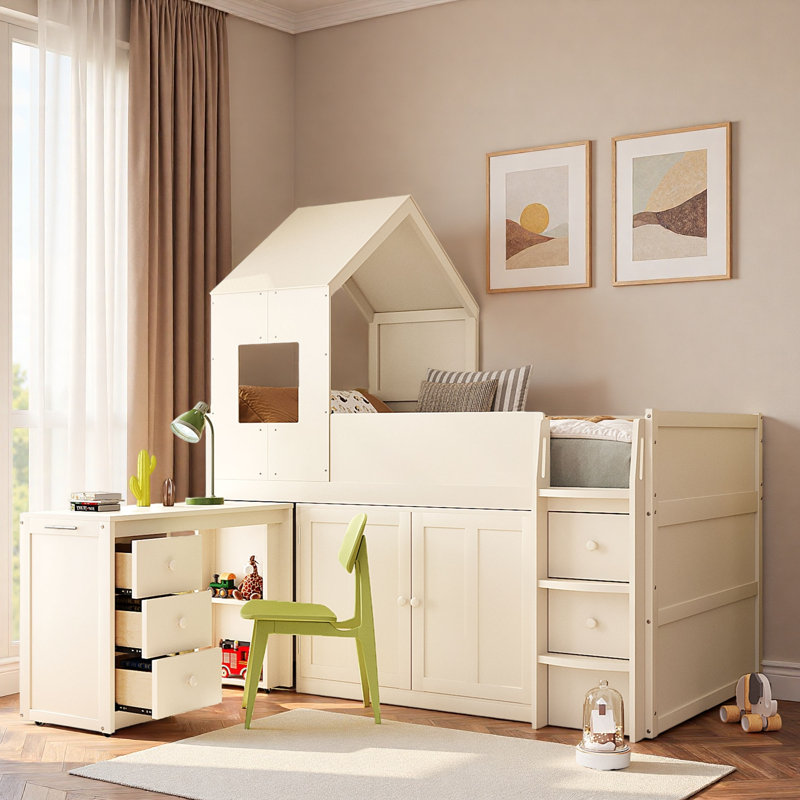 Lit mezzanine en bois avec bureau, tiroirs et armoires, Beige