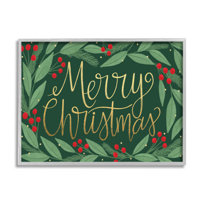 Merry Christmas Festive Sentiment Chic Holiday Holly Grey Farmhouse Rustic Oversized Framed Giclee Texturized Art by Taylor Shannon
