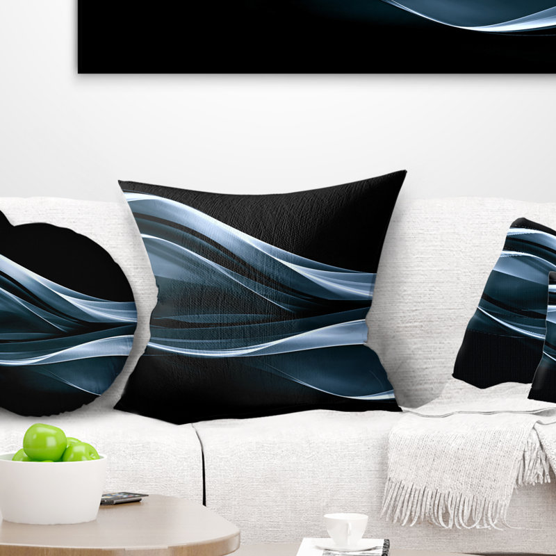 Fractal Lines Blue in Black - coussin imprimé abstrait, 18 po x 18 po, Coussin décoratif