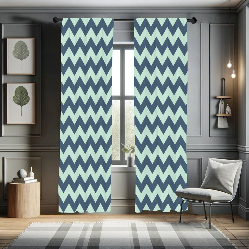 Rideaux à chevrons George Oliver, zigzag géométrique abstrait, L 28 po x L 63 po, Turquoise / beige