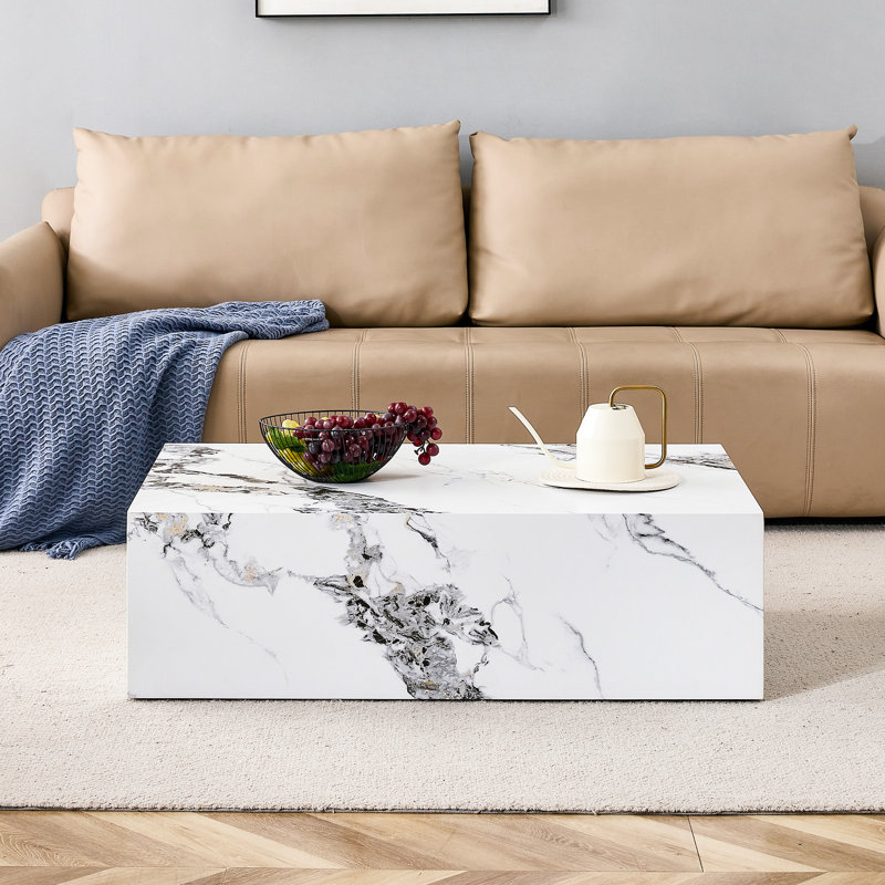 Table basse moderne de 39,54 po x 24,04 po x 11,65 po, blanc, avec fascination pour le marbre, marbre élégant et élégant