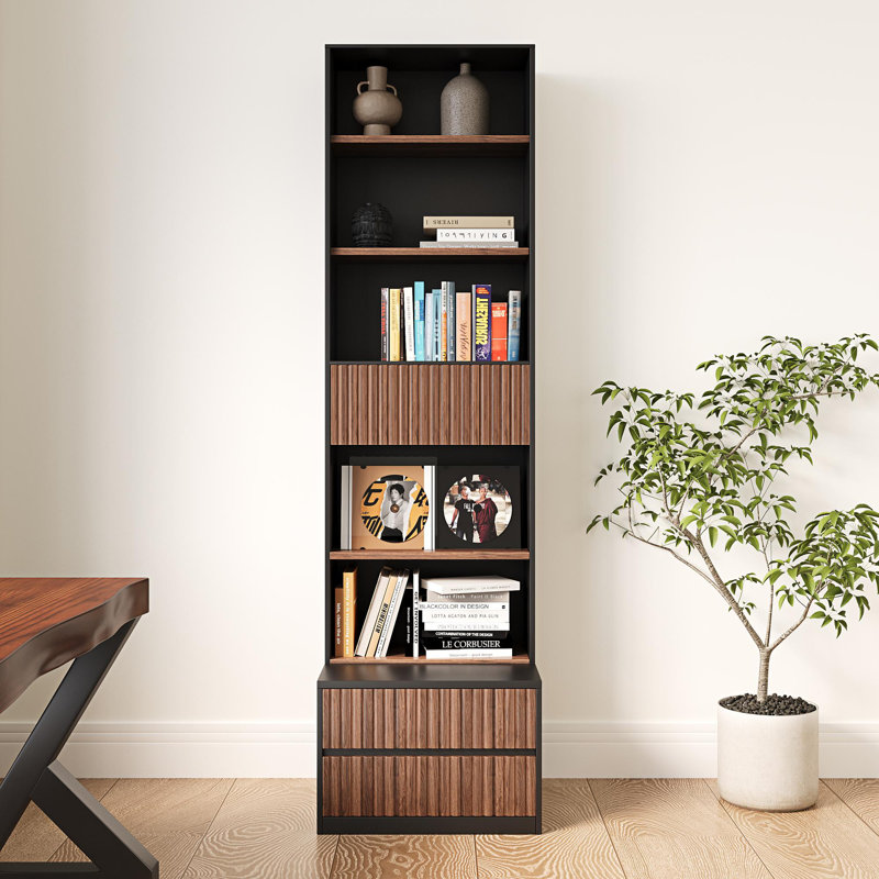 78.7'' Tall Bookcase with Movable Footstool and Open Shelves Storage Drawers, Black/Brown