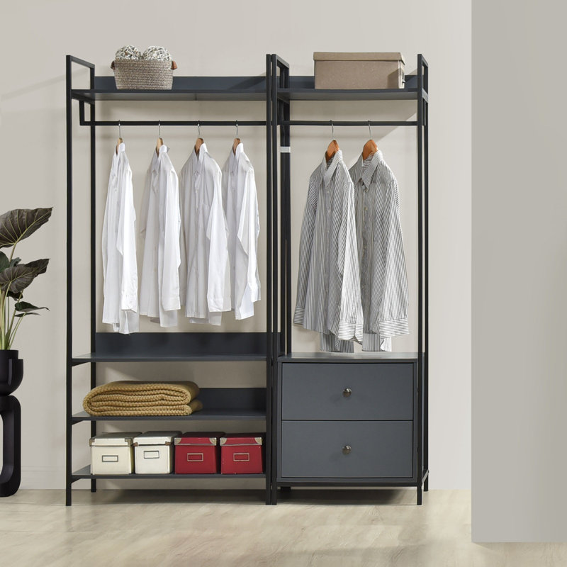 Alva Pair of Double Open Wardrobes with 2 Drawers and 4 Shelves, Dark Grey