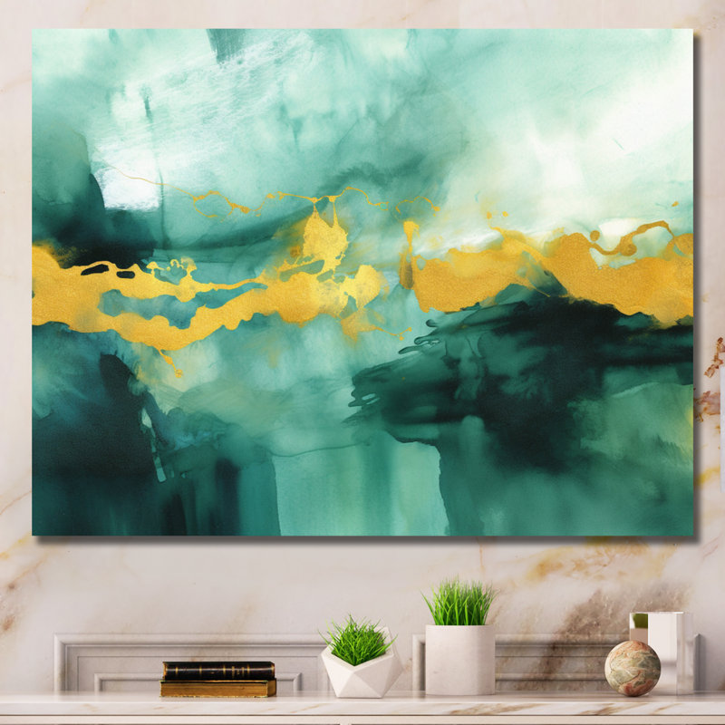 Impression d'aquarelle bleue avec or I - reproduction, Toile tendue, H 20 po x l 12 po x P 1 po