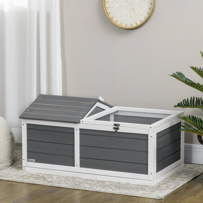 PawHut Wooden Tortoise House Tortoise Table Hide Shelter Run Dark Grey