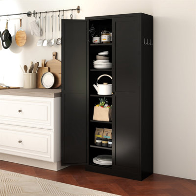 Armoire de cuisine 72 po en métal noir avec portes, organisateur de rangement autoportant robuste avec 5 tablettes réglables, assemblage sans outil pour le garde-manger, cuisine, salle de bain