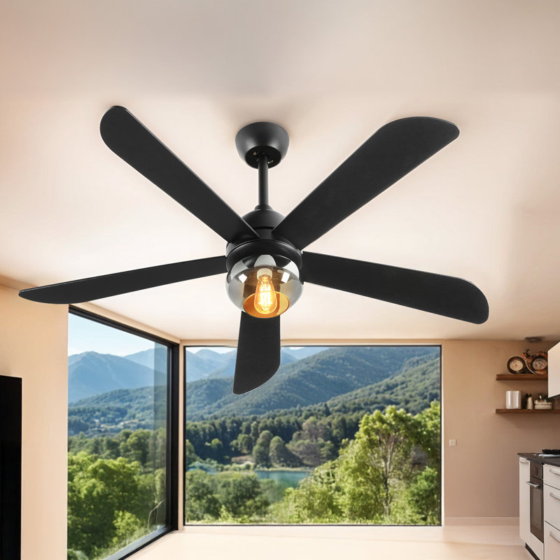 Modern 52" Ceiling Fan With Light And Remote, Black, Black