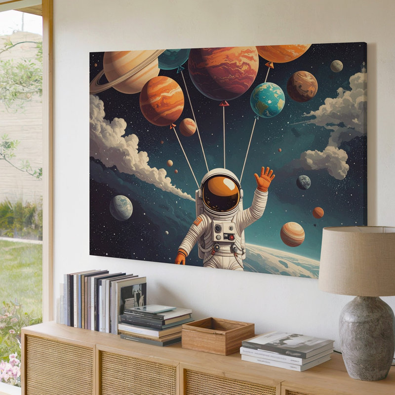 Art mural sur toile, planètes en ballon, astronaute, toile de fond rétro, H 20 po x l 20 po