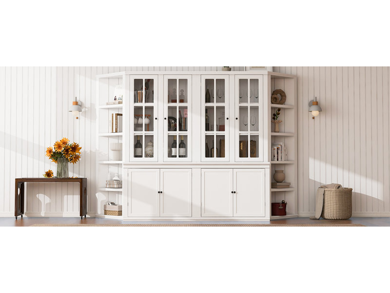  Armoire 75,25 po avec tablettes triangulaires, unité de rangement murale rétro avec portes en verre pour le salon, blanc