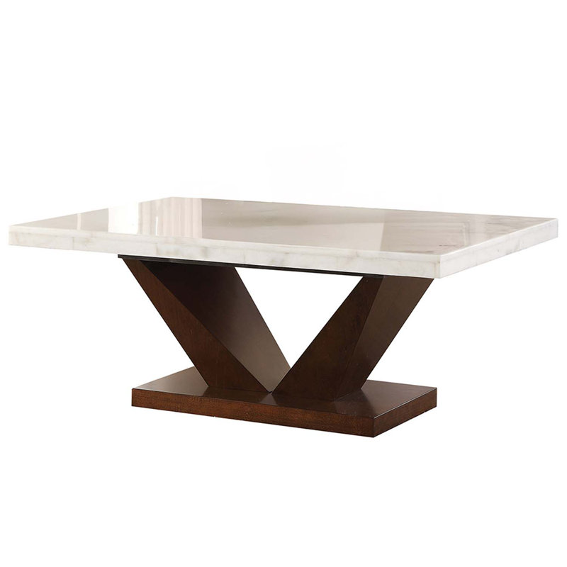 Rectangular Table w/Scrolled Leg and Bottom Shelf, White Natural Marble Top & Walnut