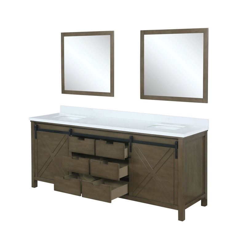 Ensemble de meuble-lavabo double Ketchum et miroirs 24 po, Brun rustique, 84", Quartz blanc