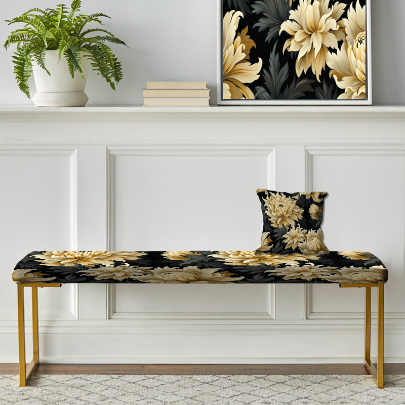 Dark Blue And Golden Gilded Damask Glamour VI - Damask Upholstered Gold Bench