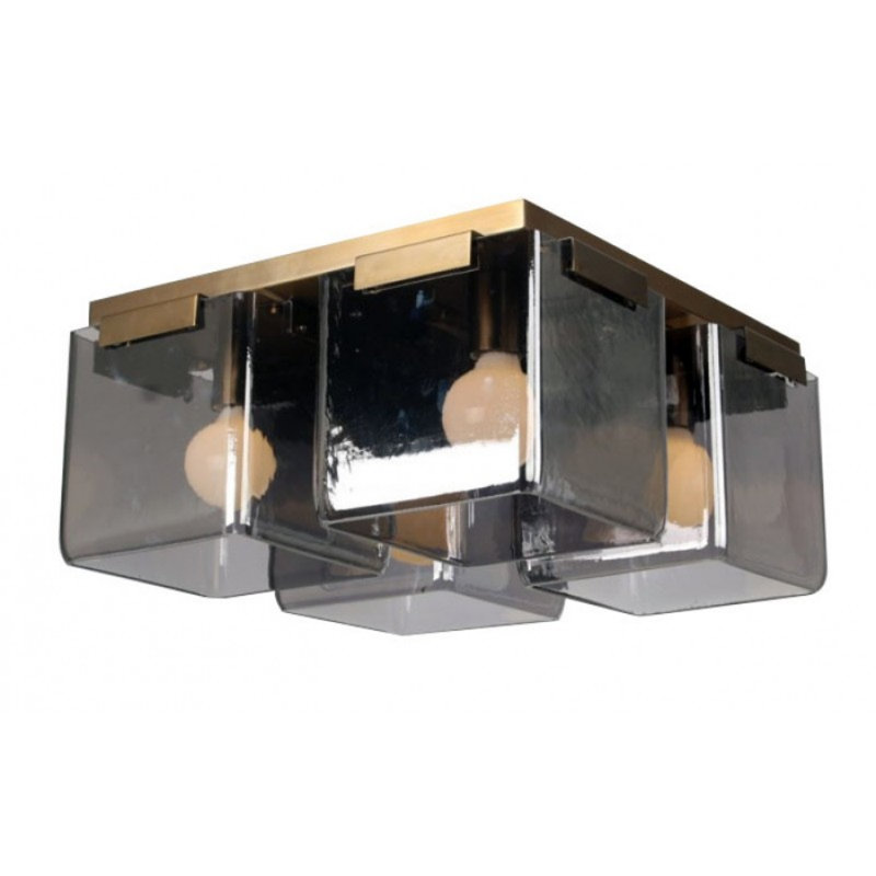 Lustre géométrique carré en verre Isbah, Laiton antique, Bleu, 30” Width x 30 Depth x 9” Height