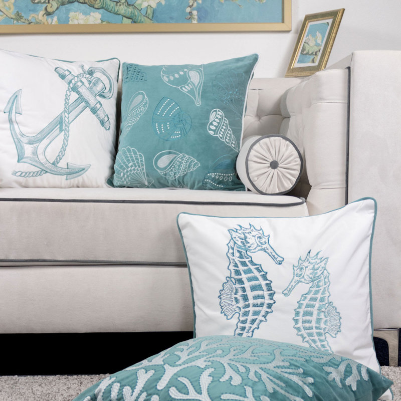  Embroidery Seahorse Velvet Throw Pillow, Teal