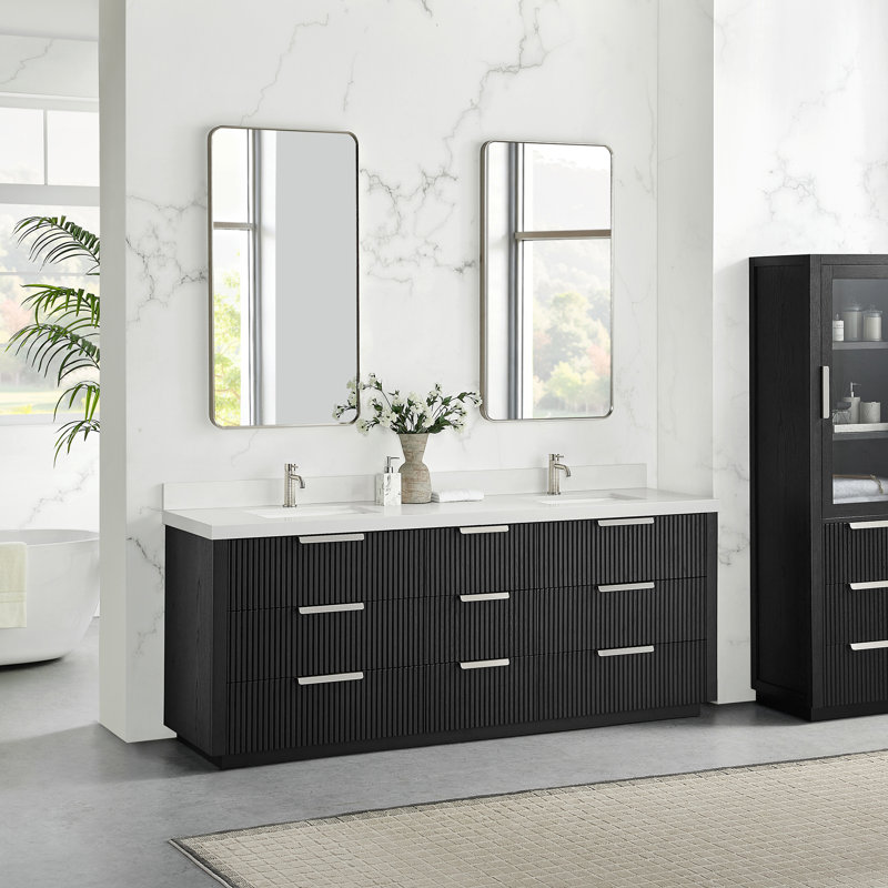 Allister 84" Free-standing Double Bath Vanity in Oak Weathered Black with White Quartz Stone Top, 84"