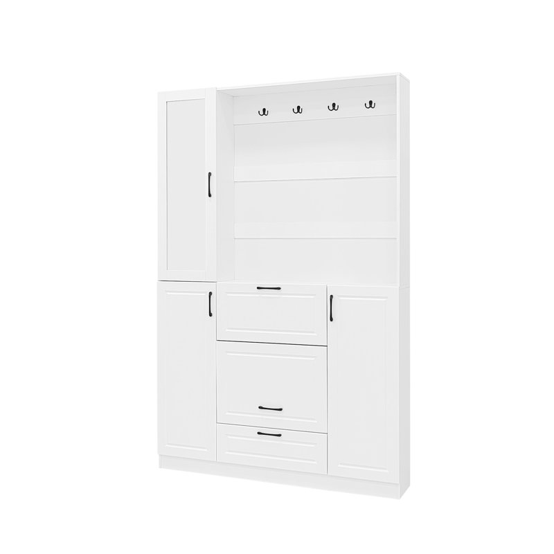 51.1'' Entryway Bench With Integrated Shoe Cabinet , 3-In-1 Design And Mirrored Cabinet Door, Hall Tree With 4 Sturdy Hooks And Foldable Seat For Entrance, Living Room