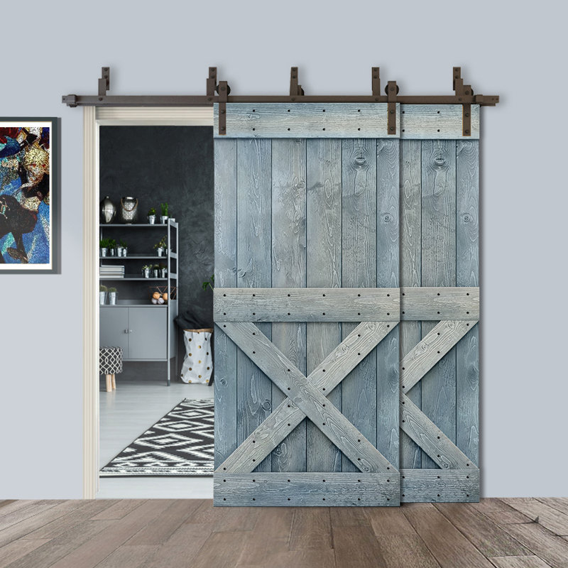 Porte de grange à double bricolage avec panneau coulissant en bois teinté Mini X Series, 60 po x 84 po, Bleu denim