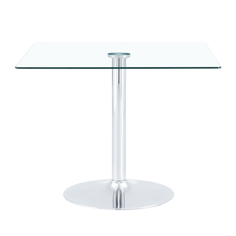 Table de salle à manger 38,5 pouces moderne minimaliste carrée en verre avec base en métal à une colonne. Disponible en argent. Table de salle à manger à domicile. Convient pour 2 à 4 personnes.