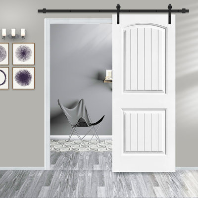 Panelled Wood and Metal Primed Barn Door with Installation Hardware Kit