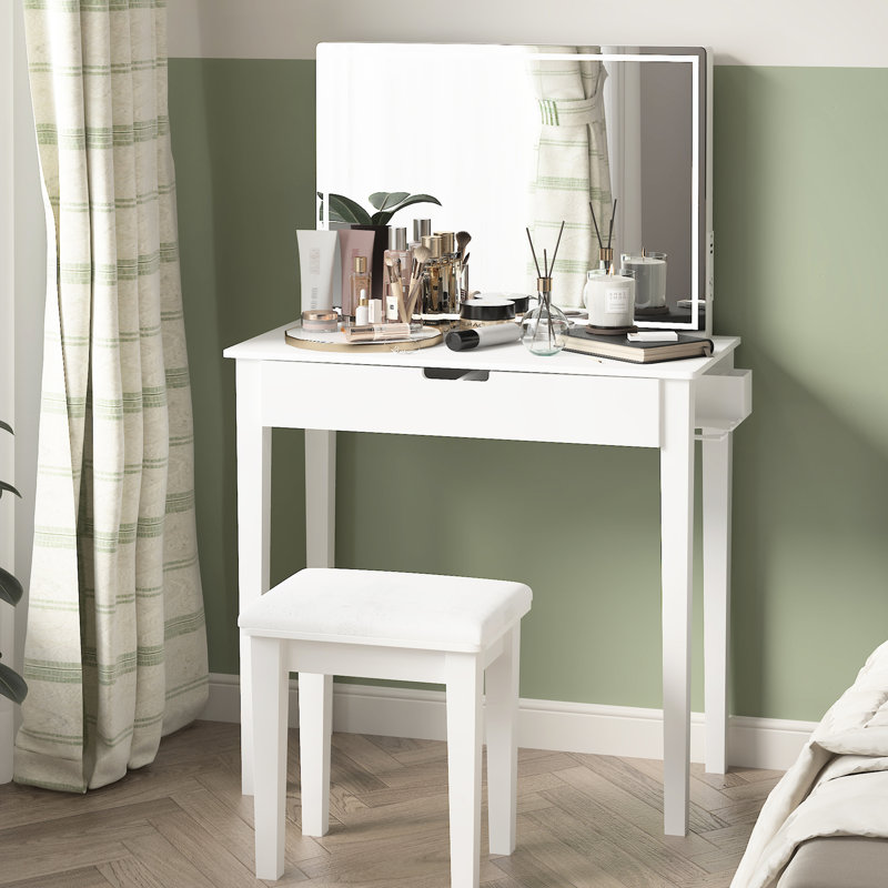 Table de maquillage avec finition blanche: DEL à intensité variable, 1 tiroir de rangement pour cosmétiques, miroir de rangement pratique pour la chambre à coucher,