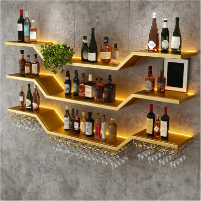 78.7In Modern LED Wine Rack Wall Mounted, 3-Tier Floating Bar Shelves With Wine Glass Rack, Large Hanging Liquor Shelf Wall Mounted, For Home Bar Dining Room Cafe Decorative (Black, 78.7In/200Cm)