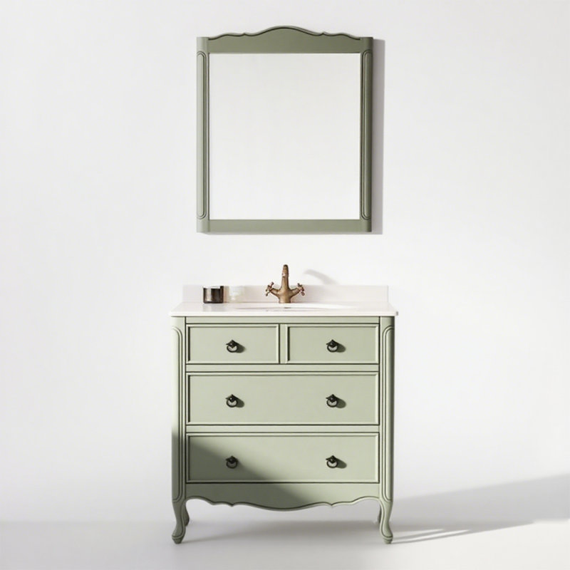Meuble-lavabo en bois d'hévéa avec plateau en marbre American Country