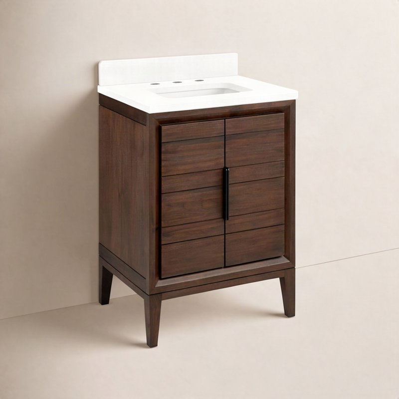 Ensemble de meuble-lavabo simple 24 po avec lavabo rectangulaire encastrable Aliso, Quartz blanc plume, Café, 8 po
