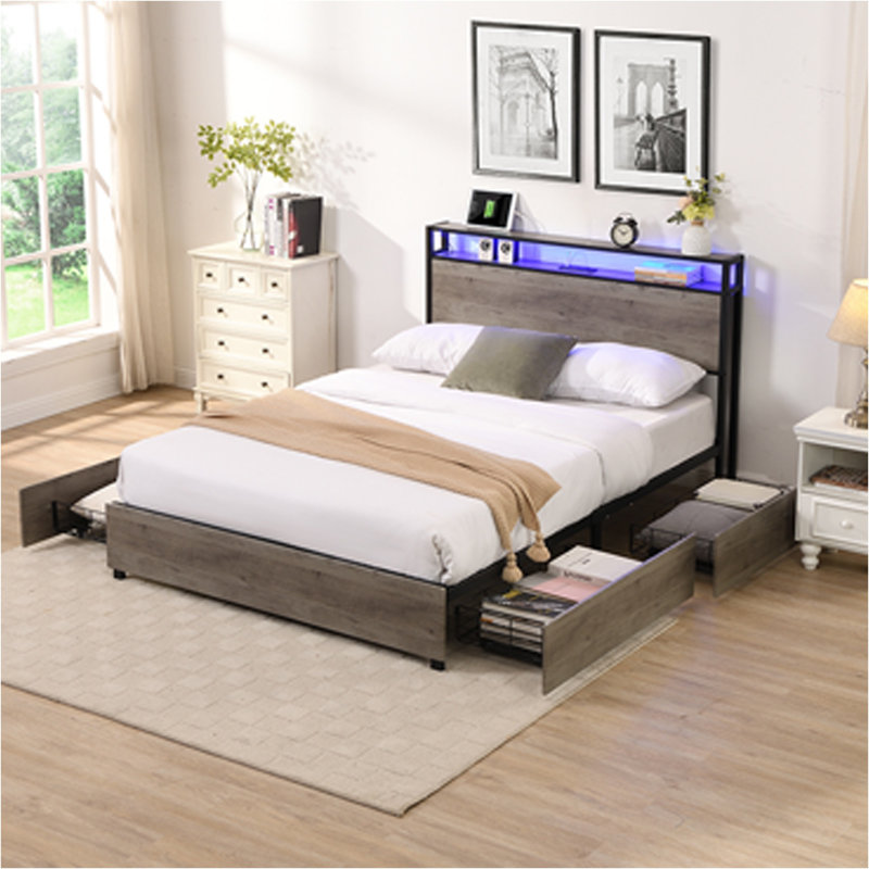 Lit de rangement avec station de charge, Lit simple, Gris antique