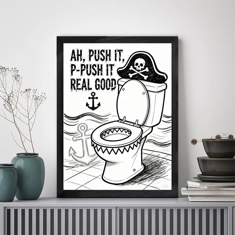 Impression sur toile noire, humour et toilette, H 11 po x l 9 po