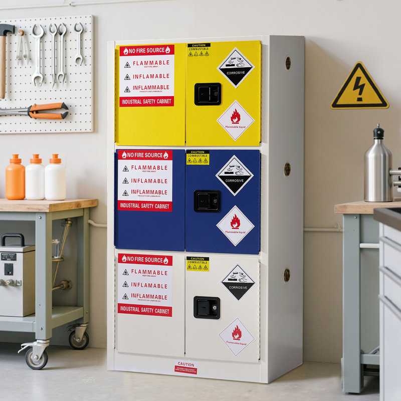 50 Gal Flammable Safety Cabinet, 65x34x18 Inch, 3-in-1 Storage, Adjustable Shelves, Cold-Rolled Steel, OSHA & CE Certified, for Industrial, Lab, Institutional Use, Yellow/Blue/Gray