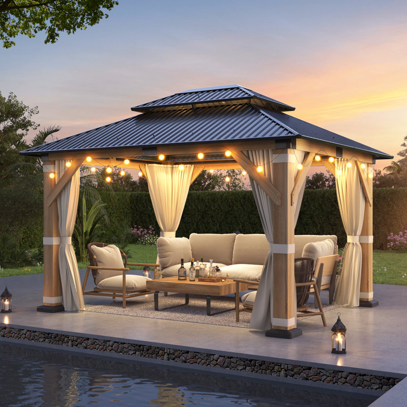 Outdoor Cedar Wood Patio Hardtop Gazebo with Curtain and Nettings, 12 Ft. W x 10 Ft. D