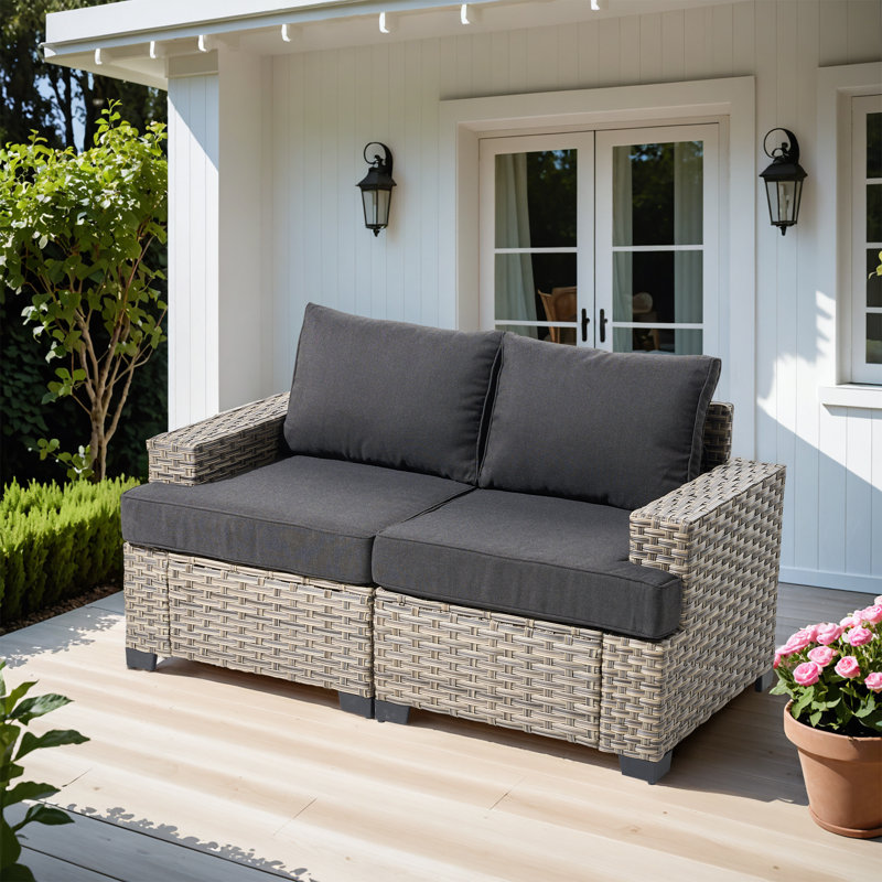Wahkon Outdoor Patio Sofa Wicker Modular Sectional Set With Cushions, Black