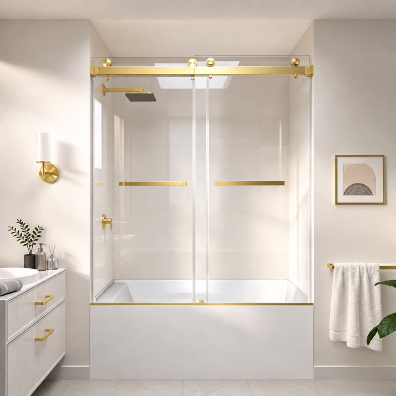 Catalyst 56"- 61" W x 66" H Double Sliding Frameless Shower Tub Door in Brushed Gold with 3/8" Clear Glass, Gold