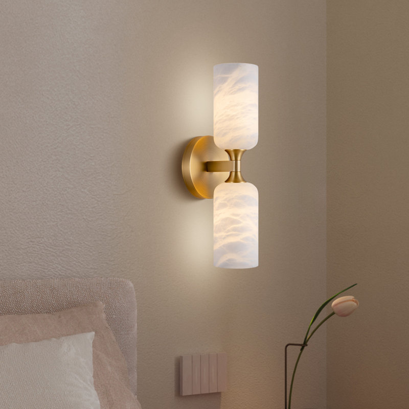 Aleinah 14" Modern White Alabaster Marble Bathroom Vanity Wall Sconces, Brass