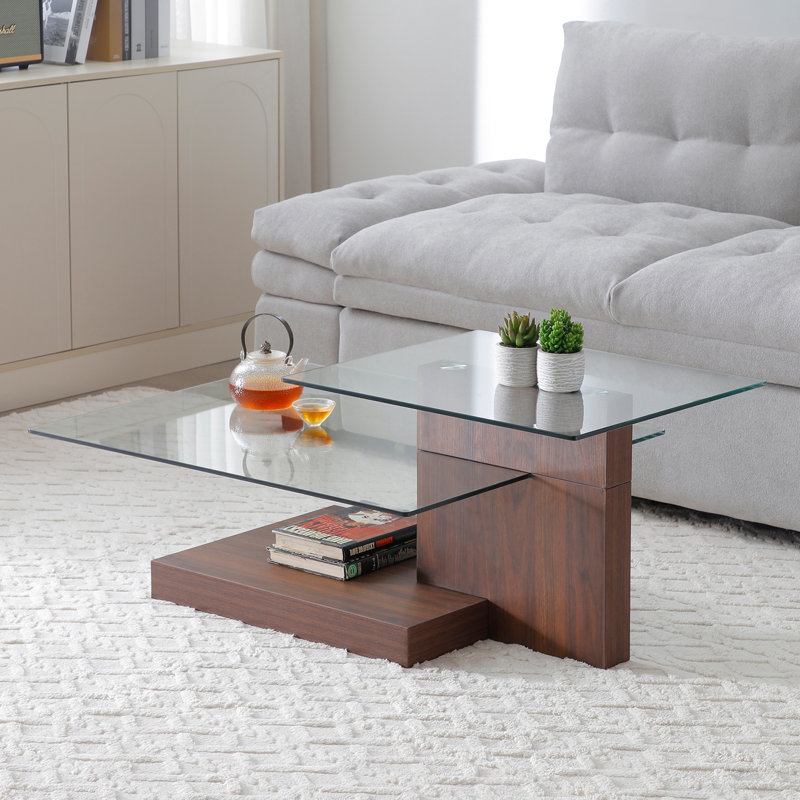 Table basse à deux niveaux avec plateau en verre 43,7 "x l 27,6" pour salon, Brun