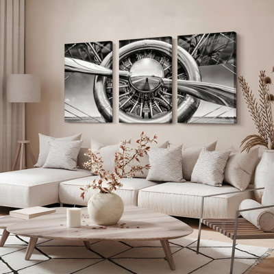 Hélice d'avion rétro en noir et blanc sur toile tendue, ensemble de 3 reproductions d'art