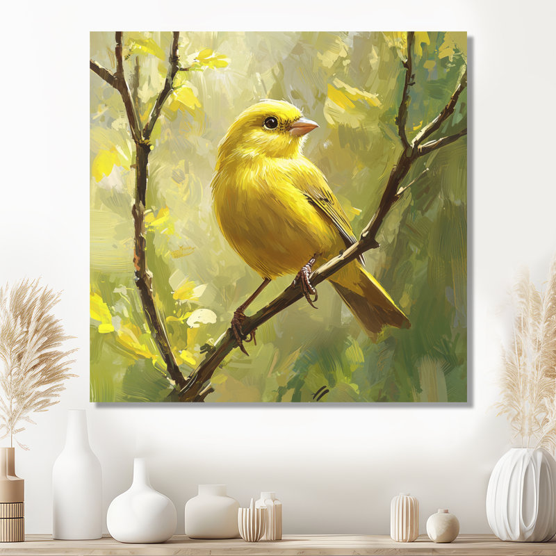 Oiseau pinson dans la brise de forêt II - art mural oiseau pour le salon, Toile tendue, Ne s’applique pas, H 16 po x l 16 po