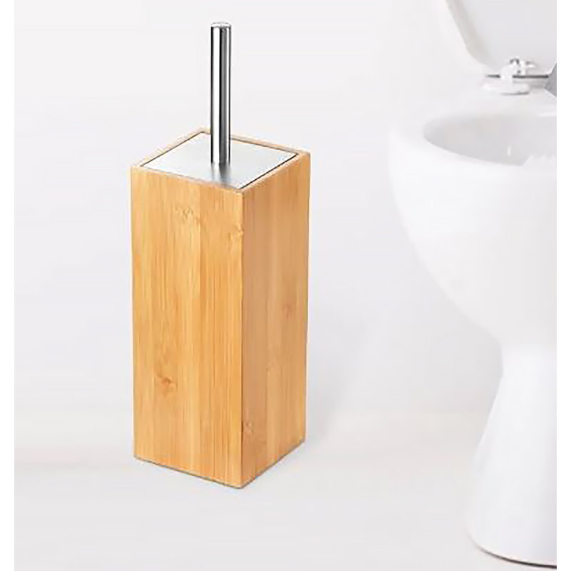 Modern Bamboo and Stainless Steel Toilet Brush Holder Set