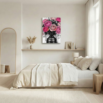 Art floral sur toile en forme de pot de fleurs roses et renoncules roses