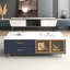Table basse moderne bleu marine avec 2 portes de rangement en verre, 4 tiroirs, pieds en métal doré pour luxe, éclairage multicolore, ambiance dynamique, pieds rectangulaires de 47,2 po, style, taille et marbre