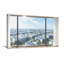 Vue de paysage urbain à travers une fenêtre avec rideaux Z251225161612195177-859844888
