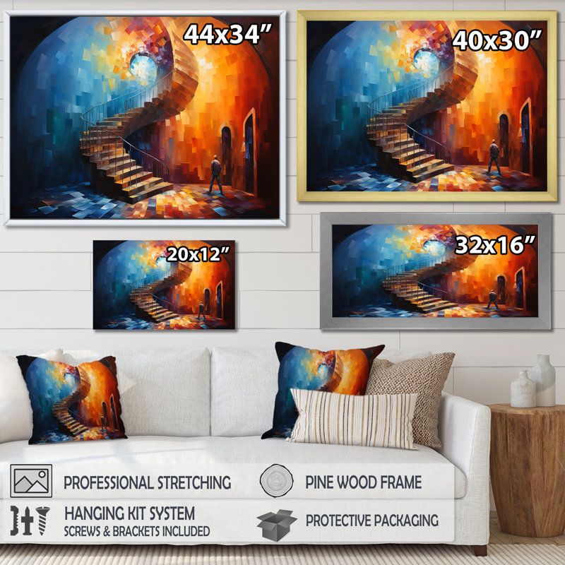 Escalier en spirale bleu et rouge - Art abstrait spirales murales, Cadre flottant noir, H 16 po x l 32 po x P 1 po
