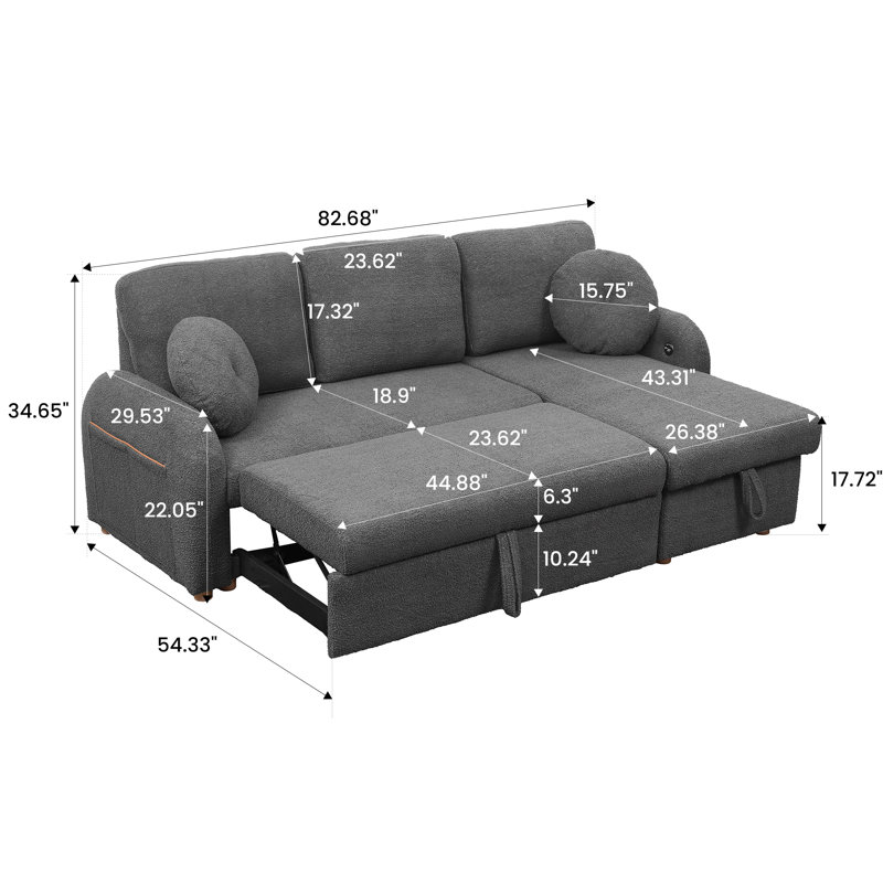 82" Sleeper Sofas Build-in USB Charging Port, Gray