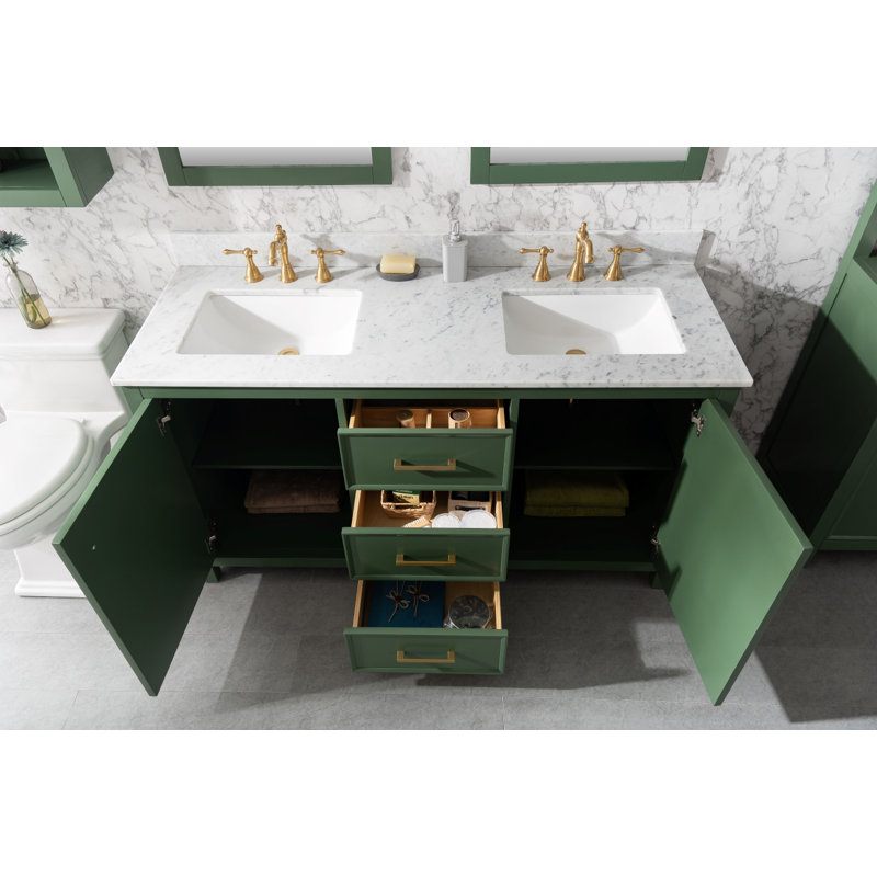 Malbon 60'' Double Bathroom Vanity with Carrara Marble Top, Vogue Green