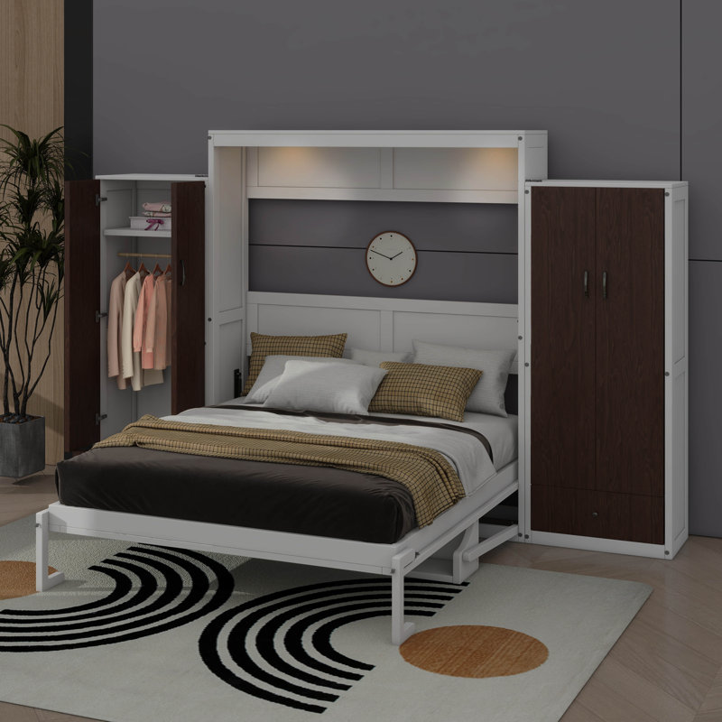 Lit escamotable avec éclairage à DEL intégré, garde-robe et nombreux espaces de rangement, Grand